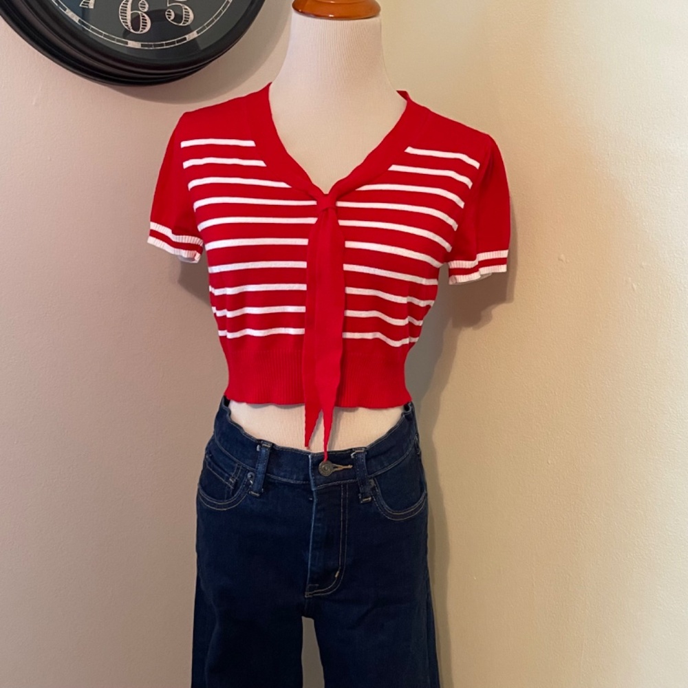Red and White Striped Women's Top - Picture 6 of 7